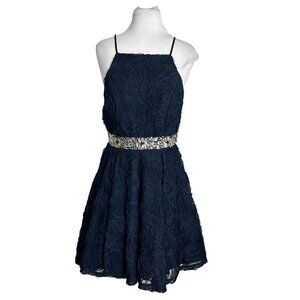 Trixxi Womens Dress Junior Size 7 Navy Blue Formal A Line Jeweled Waist Prom New